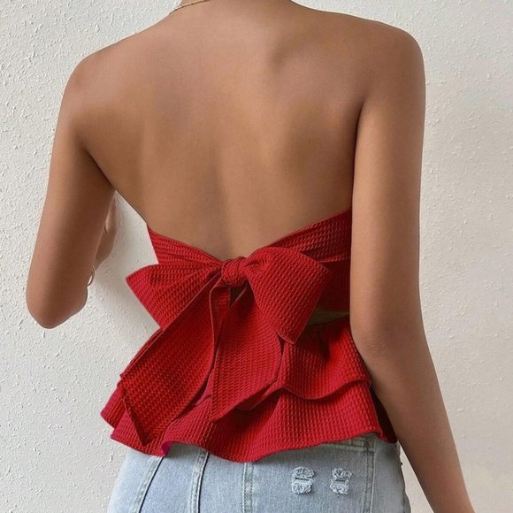 Red Womens Frenchy Tie Backless Peplum Tube Top - Picture 2 of 4